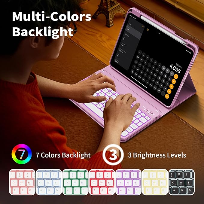 for iPad (A16) 11th Generation 2025 11-inch/10th Generation 2022 10.9 inch with Keyboard, 7 Colors Backlit Square Keycaps, Detachable Wireless Bluetooth Keyboard Case with Pencil Holder, Purple