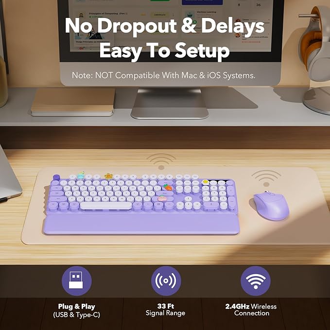 Wireless Keyboard and Mouse Combo, Round Keycaps, Full-Size Retro Typewriter Keyboard with Magnetic Wrist Rest, Sleep Mode & Tilt Legs, 2.4GHz Cordless Connection for Mac, Windows PC (Lilac Purple)