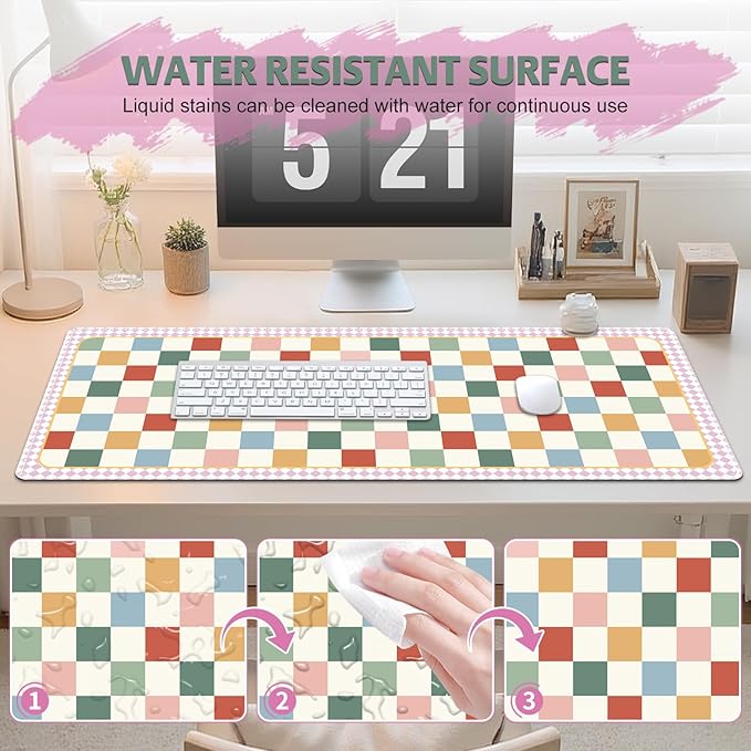 Desk Pad for Keyboard and Mouse, Large Mouse Pad for Desk, Non-Slip Keyboard Mat, Computer Mats for Desk, Cute Desk Pad with Stitched Edges for Office, Gaming I Multicolored Plaid