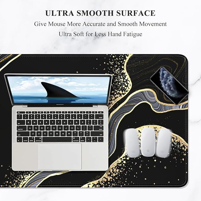 Auhoahsil Extended Mouse Pad, XXL Desk Pad Gaming Mousepad, Large Big Laptop Computer Keyboard Desk Mat with Non-Slip Base Stitched Edge for Gaming Office Men Women, 35.5 x 15.7 in, Black Marble