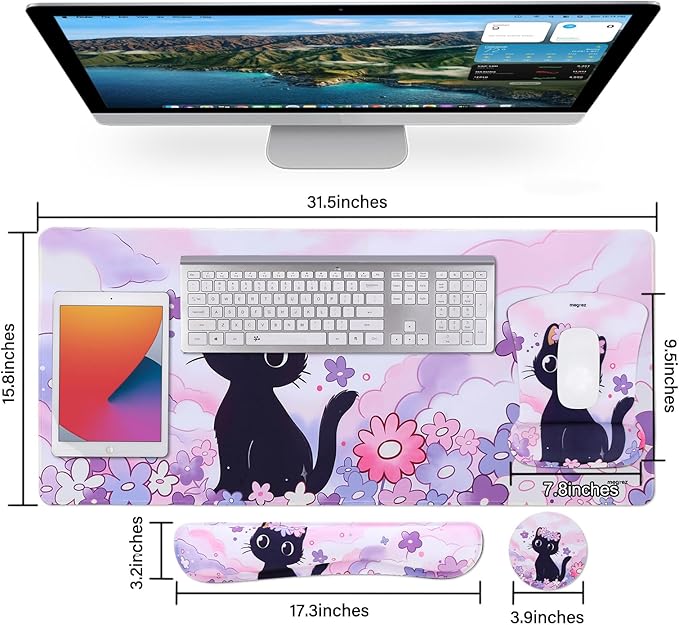 MEGREZ 4-in-1 Ergonomic Memory Foam Wrist Rest Set, Desk Pad, Mouse Pad with Wrist Rest, Keyboard Pad, Suitable for Office Workers, Programmers & Gamers–Relieve Typing & Gaming Fatigue, Kitten