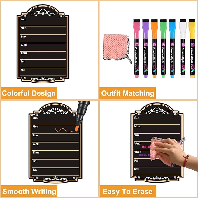 Acrylic Magnetic Dry Erase Board Calendar for Fridge 12" x 8" Black Weekly Planner Whiteboard for Refrigerator Magnet Planning Calendars to Do List Family House Kitchen Decor with 7 Colors Markers
