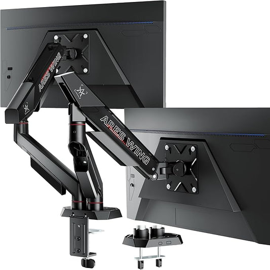 ARES WING Dual Monitor Arm for 17-35 Inch Flat Curved Ultrawide Screens Up to 26.5lbs, Fully Adjustable Dual Monitor Mount, C-Clamp & Grommet Base, 75/100 Vesa Mount, Black