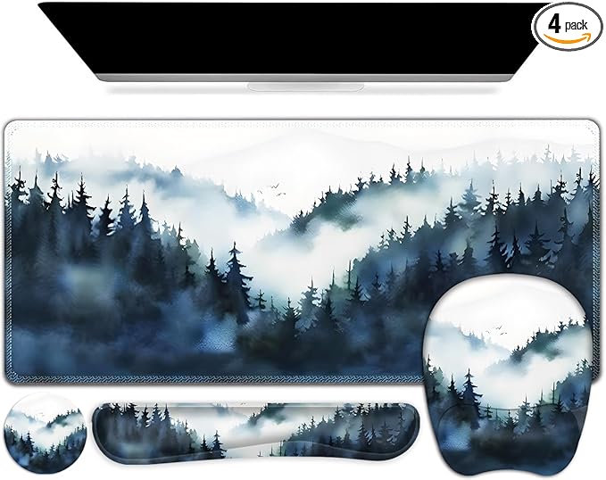 Large Mouse Pad, Keyboard Wrist Rest Set, Ergonomic Mouse Pad with Wrist Support, Desk Mat with Stitched Edges + Coaster, Extended Desk Pad Waterproof Desk Mat for Home Office Game I Misty Forest