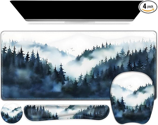 Large Mouse Pad, Keyboard Wrist Rest Set, Ergonomic Mouse Pad with Wrist Support, Desk Mat with Stitched Edges + Coaster, Extended Desk Pad Waterproof Desk Mat for Home Office Game I Misty Forest