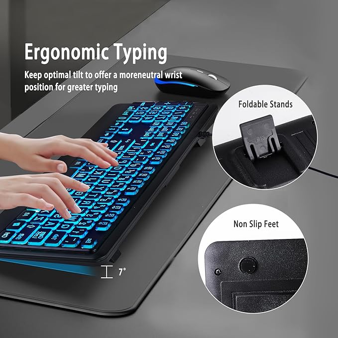 Large Print Backlit Keyboard, Wired Lighted Computer Keyboards with 7-Color Backlight, Light Up Oversize Letter Keys, Foldable Stands, USB Quiet Keyboard for PC, Windows, Laptop (Colorful Backlit)