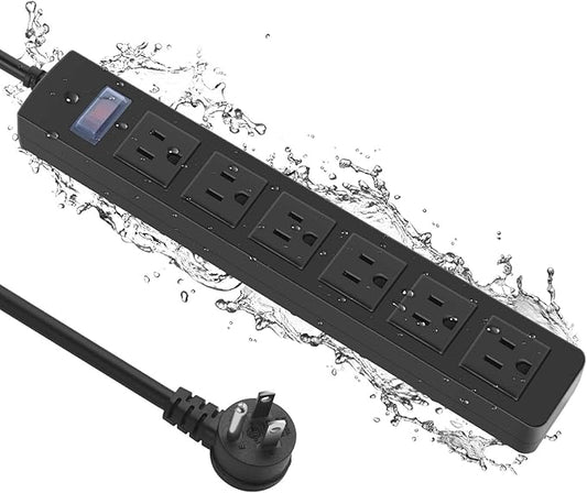 Outdoor Power Strip Waterproof with 6 Outlets, Garden Weatherproof Surge Protector, Christmas Multiple Outlet Exterior Socket for Lighting Appliances. 10FT Extension Cord Strip with Flat Plug. Black