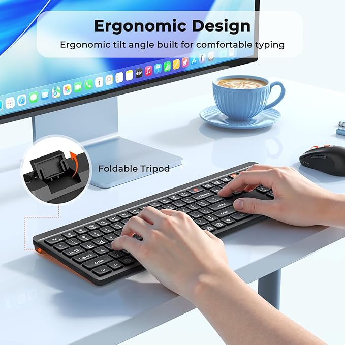 Bluetooth Keyboard and Mouse, 2.4G + Dual Bluetooth Multi Device, Full Size Silent Ergonomic Keyboard with 4 Level DPI Adjustable Wireless Mouse for Windows, Mac OS Desktop/Laptop/PC
