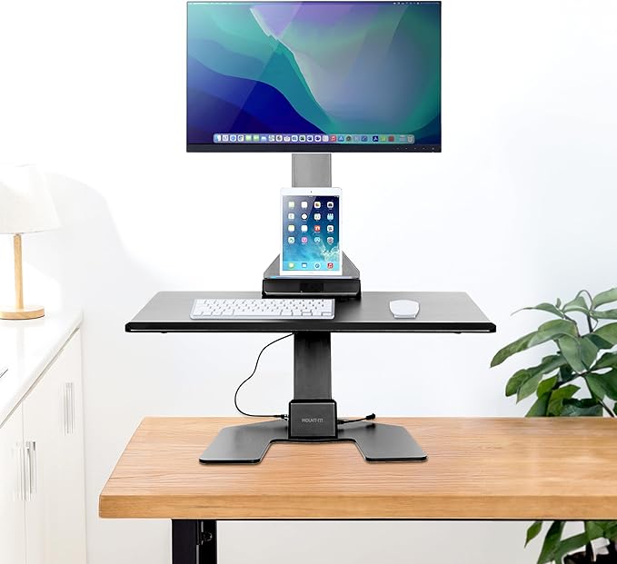 Mount-It! Electric Standing Desk Converter - Motorized Sit-Stand Desk Riser with Monitor Mount, Standup Powered Desktop Lift for Single Monitor up to 32", 28" Wide Keyboard Tray, Adjustable Height