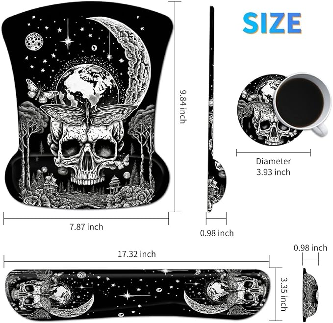 Ergonomic Mouse Pad with Wrist Support Gel Mouse Pads and Upgrade Keyboard Wrist Rest Pad Set, Coasters Non-Slip PU Base Mouse Mat for Office Gaming Computer Laptop Home, Skull Moon Butterfly