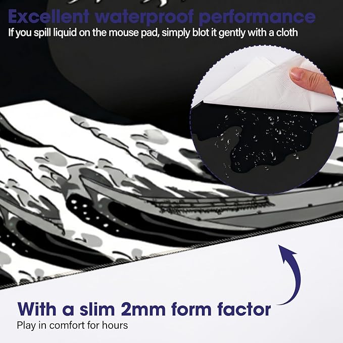 LifetimeWarrantly Japanese Sea Wave Large Gaming Mouse Pad – 35.4" x 15.7" Full Desk Mat, Non-Slip Rubber Base, Stitched Edges, Waterproof, Durable Surface for Esports, Office, Home