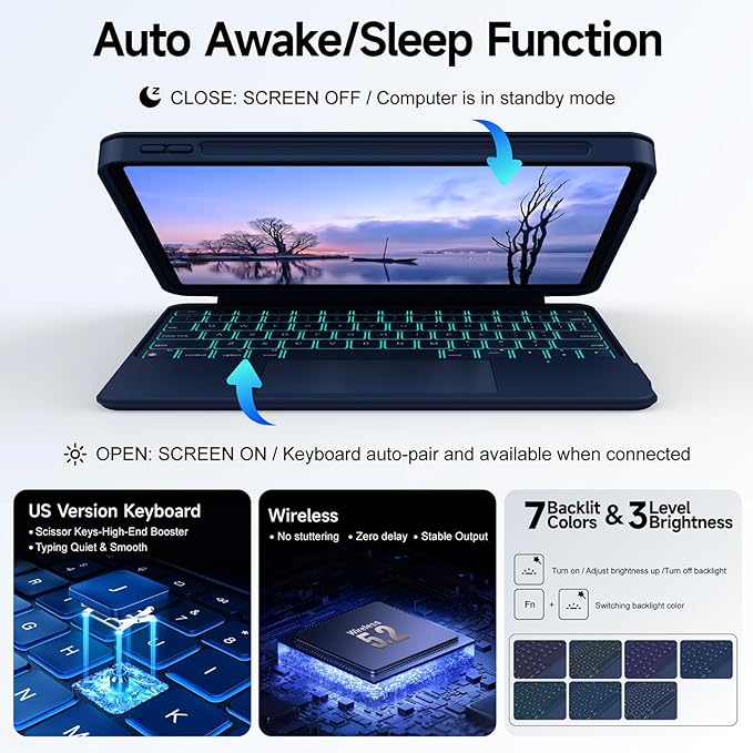 Rotatable Detachable Magnetic Keyboard Case for iPad A16 11th/10th Gen, with Larger-Touch Trackpad, Shockproof Bumper, Support Portrait, Magnetic Pencil Holder, Backlight,Full Protect, Blue