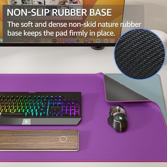 KTRIO Large Gaming Mouse Pad Desk Mat, Superior Micro-Weave Cloth, Non-Slip Rubber Base, Stitched Edges, Water-Resistant, for Gamer, Office & Home, 31.5 x 15.7 Inch，Violet Purple