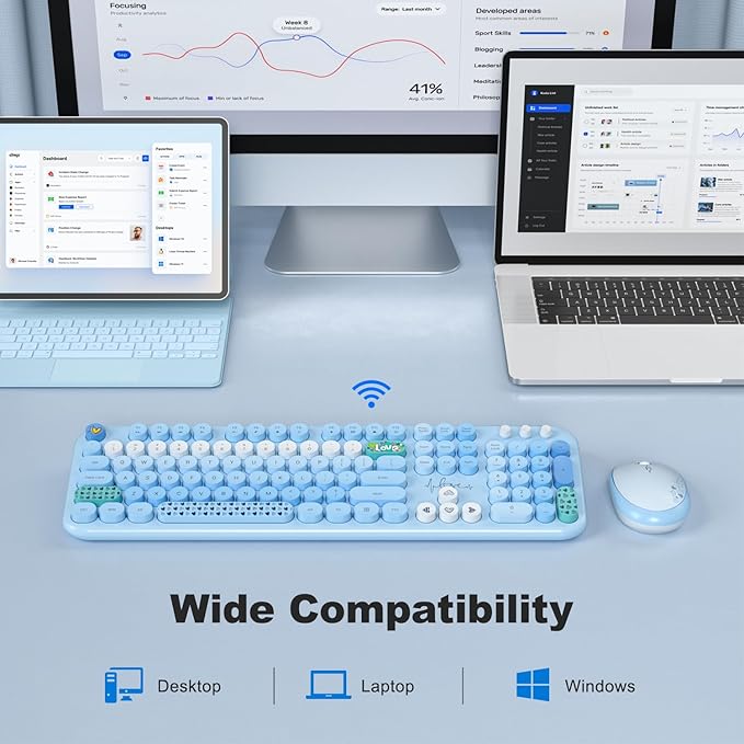 KNOWSQT Wireless Keyboard and Mouse Combo - Lovely Blue Rainbow 2.4G Full-Sized Colorful Keyboards, Round Keycap USB Dongle Plug Play Cute Keyboards for Windows, Laptop, PC, Desktop, Mac