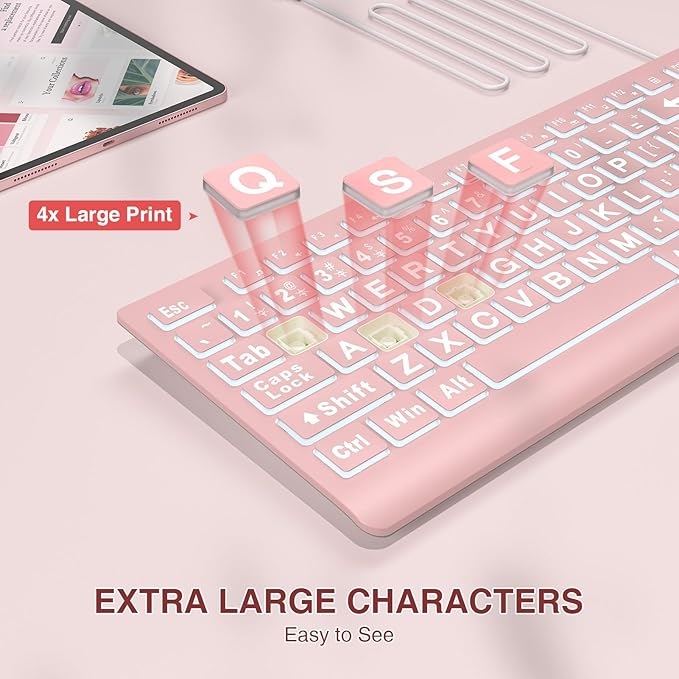 SABLUTE Large Print Backlit Keyboard, Wired USB Lighted Computer Keyboards with 7-Color & 4 Modes Backlit, Oversize Letters Keys Easy to See and Type, Quiet Keyboard Compatible for PC, Laptop -Pink