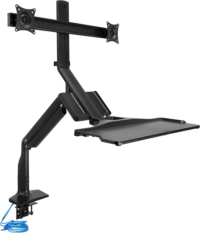 Mount-It! Dual Monitor Arm Desk Mount Sit-Stand Workstation with 2 USB 3.0 Ports, Height Adjustable 23.1–42.9”, Fits Two 17–27” Screens, 13.2 lbs Each, VESA 75x75 100x100, Clamp or Grommet