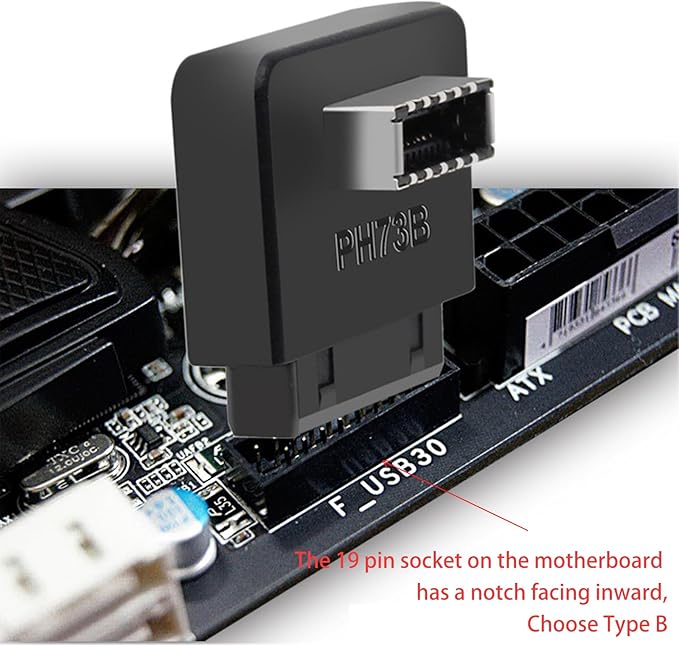 USB 3.0 19/20 Pin to Type E Key A 90-Degree Adapter, Type A and Type B Connectors, Black