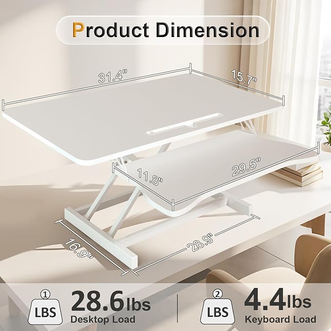 Standing Desk Converter 32 inch Height Adjustable Sit to Stand Up Desk Tabletop Dual Monitor and Laptop Workstation for Home Office with Wide Keyboard Tray Spacious 2-Tier Desktop White