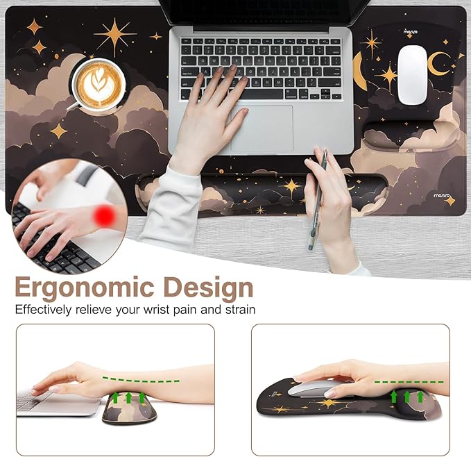 MOSISO Keyboard Mouse Pad Set, Large Gaming Mouse Pad&Keyboard Wrist Rest&Mouse Wrist Rest&Coaster, Ergonomic Non-Slip Dreamy Star Moon Mousepad with Raised Memory Foam for Home Office