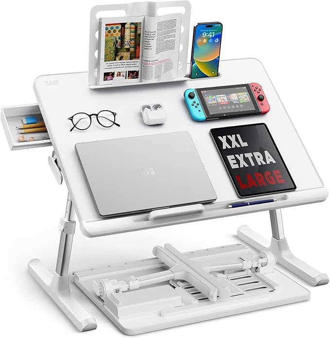 Laptop Bed Tray Table, SAIJI Adjustable Bed Desk for Laptop, Foldable Laptop Stand with Storage Drawer for Eating, Working, Writing, Gaming, Drawing (White, X-Large)