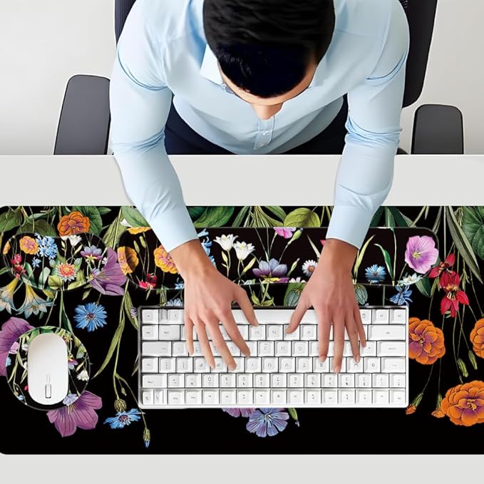 4 in 1 Large Keyboard Mouse Pad Set, Ergonomic Keyboard Wrist Rest Pad, Wrist Support Mousepad Set, Cup Coaster, Extended Desk Mat for Home Game Women Office Desk Decor Accessories(Floral)