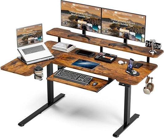 59 Inch L Shaped Standing Desk with Shelves and Keyboard, Electric Corner Standing Desk Adjustable Height, Sit Stand Computer Table with Reversiable Splice Board，Rustic Brown