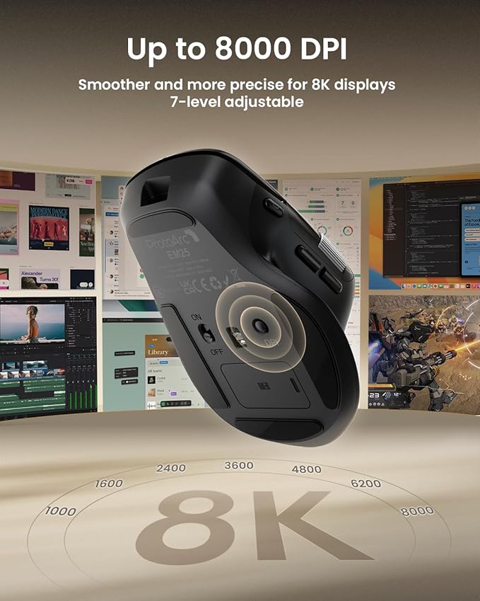 ProtoArc Ergonomic Bluetooth Mouse, EM25 USB Wireless Mouse, Fast Scrolling & Thumb Scroll Wheel, Buttons Customizations, 8000 DPI, Quiet, Rechargeable, Compatible with Windows/Mac/Android, Black