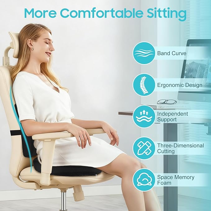 Gugxiom Lumbar Support Pillow, Memory Foam Seat Cushion, Office Chair Cushion and Back Support for Office Chair, Back Support Pillows with Adjustable Strap for Gaming Chair, Car Seat