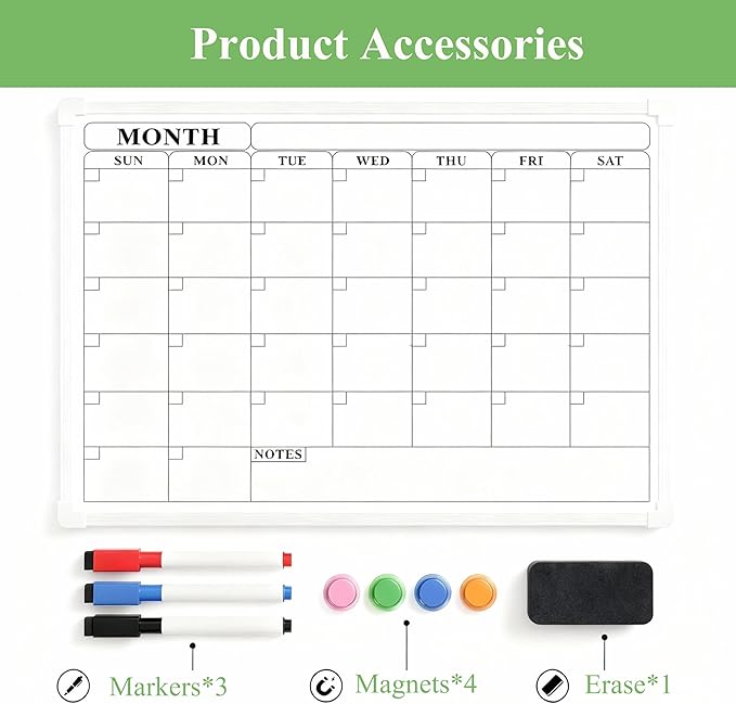 Monthly Whiteboard Calendar for Wall, 16" x 12" Small Hanging Dry Erase Calendar, Double-Sided White Board for Office, School, Kitchen, Kids Room