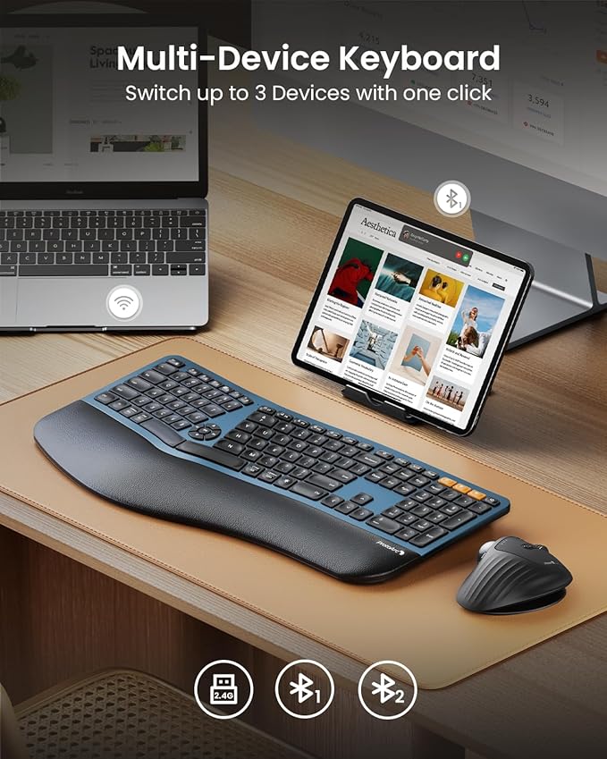 ProtoArc Backlit Wireless Full Size Ergonomic Keyboard Blue and Bluetooth Ergonomic Vertical Mouse Blue