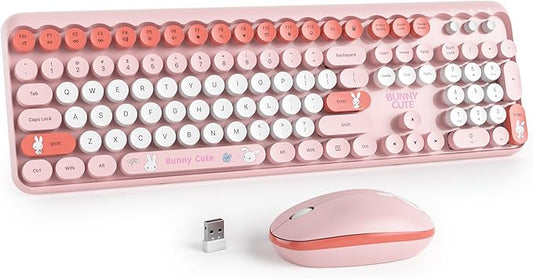 Owpkeenthy Cute Keyboard and Mouse Wireless, Colorful Keyboard Retro Typewriter Style Full-Sized with Number Pad Round Keys for Desktop, Laptop and Computerr (Bunny Pink)
