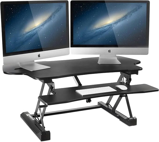 Mount-It! 48.5" Electric Standing Desk Converter for Dual Monitors, Motorized Sit Stand Electric Desk Riser with USB Port & Device Slot, Keyboard Tray, Adjustable Height Ergonomic Workstation, Black