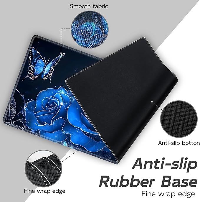 Gaming Mouse Pad Set, Butterfly Roses Moon Large Desk Mat Mousepad, Keyboard Wrist Support, Mouse Wrist Rest, Coaster 4in1 Ergonomic Memory Foam, Non-Slip Stitched Edge for Home Office