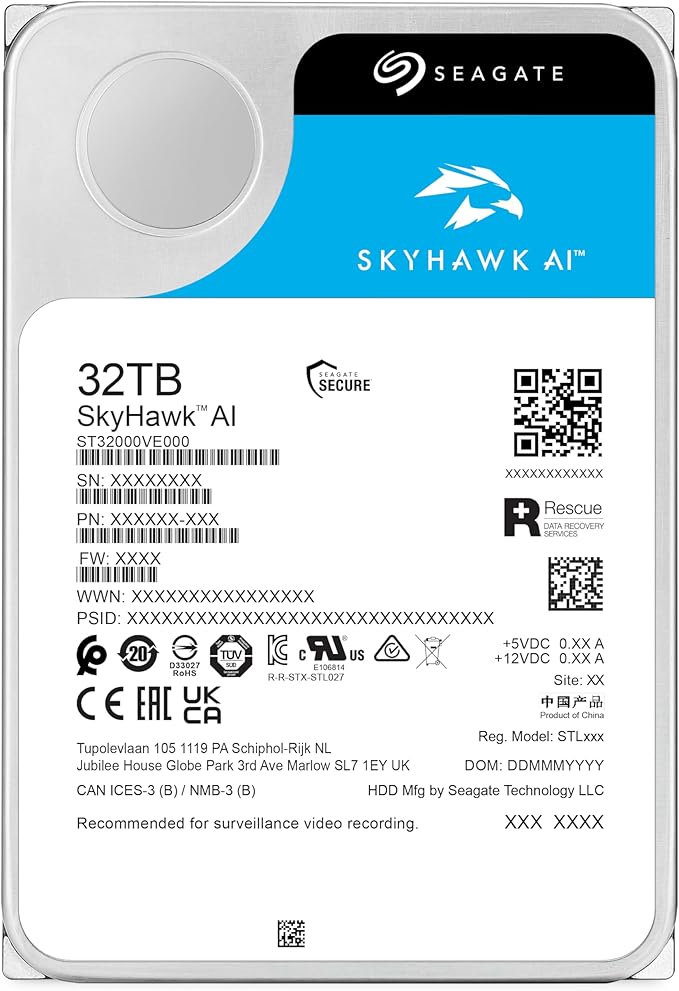 Seagate Skyhawk AI 32TB Video Internal Hard Drive HDD – 3.5 Inch SATA 6Gb/s 512MB Cache for DVR NVR Security Camera System with in-House Rescue Services (ST32000VE000)