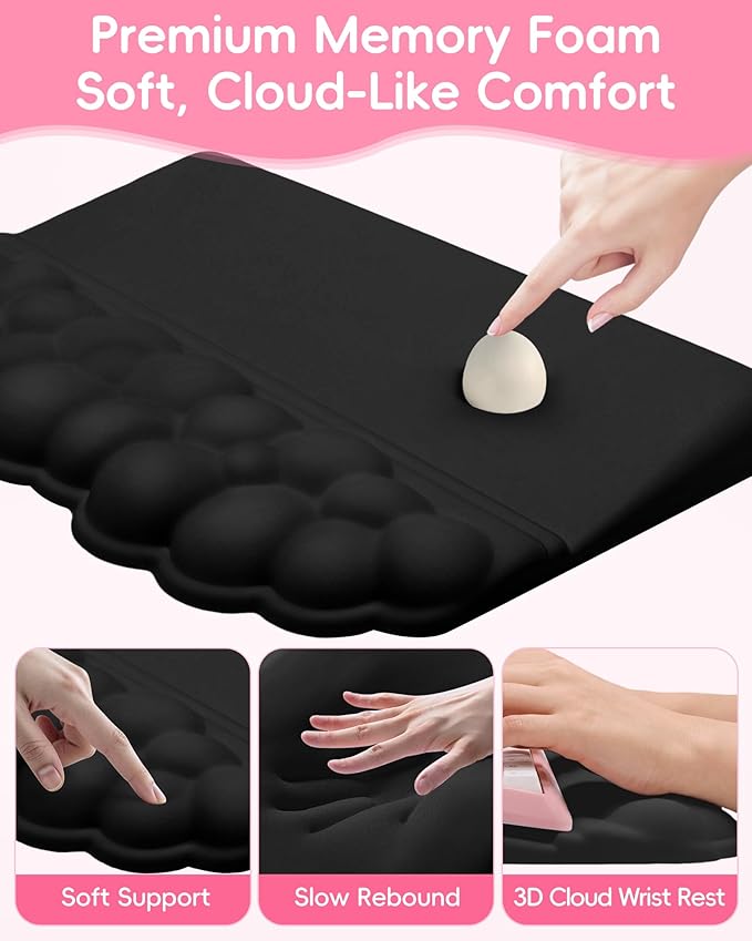 Cloud Wrist Rest Set for Keyboard and Mouse, 3-Piece Memory Foam Wrist Pad with Silky Lycra Surface, 2-in-1 Keyboard Wrist Rest & Stand, Two Typing Angles, Cute Cloud Desk Accessories (Classic Black)