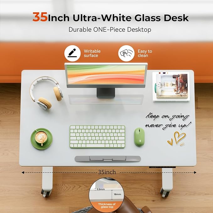 35inch Glass Standing Desk，90° Tiltable Mobile Rising Desk Height Adjustable，Whole Piece Rolling Drafting/DrawingTable with Wheels，Foldable Small Laptop Art Desk，White