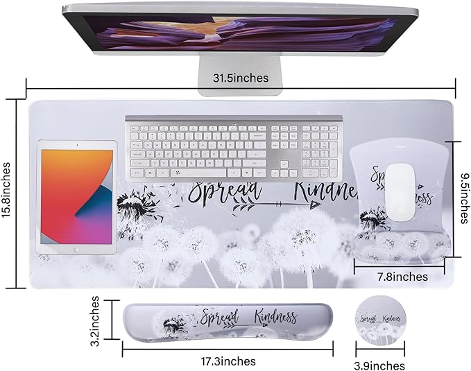 MEGREZ 4-in-1 Ergonomic Memory Foam Wrist Rest Set, Desk Pad, Mouse Pad with Wrist Rest, Keyboard Pad, Suitable for Office Workers, Programmers & Gamers–Relieve Typing & Gaming Fatigue, Gray Dandelion