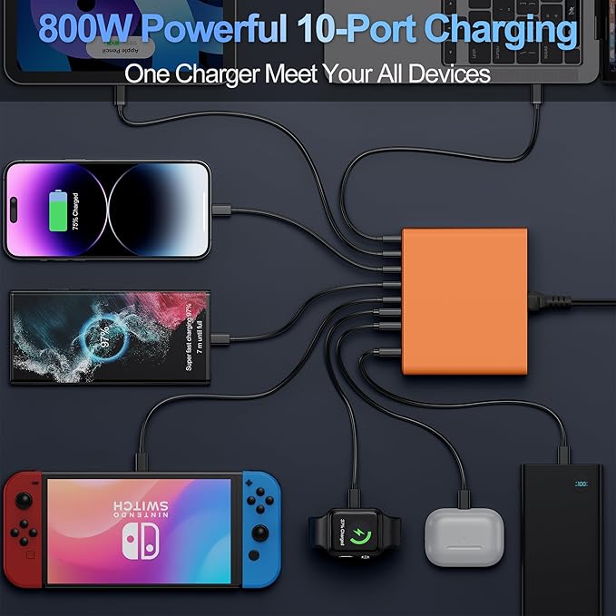 800W USB C Charger Block,10-Port Charging Station GaN Fast Charging Type C & USB A Wall Charger Adapter for MacBook Pro/Air,iPhone,iPad,Dell XPS,Samsung Galaxy(Orange)