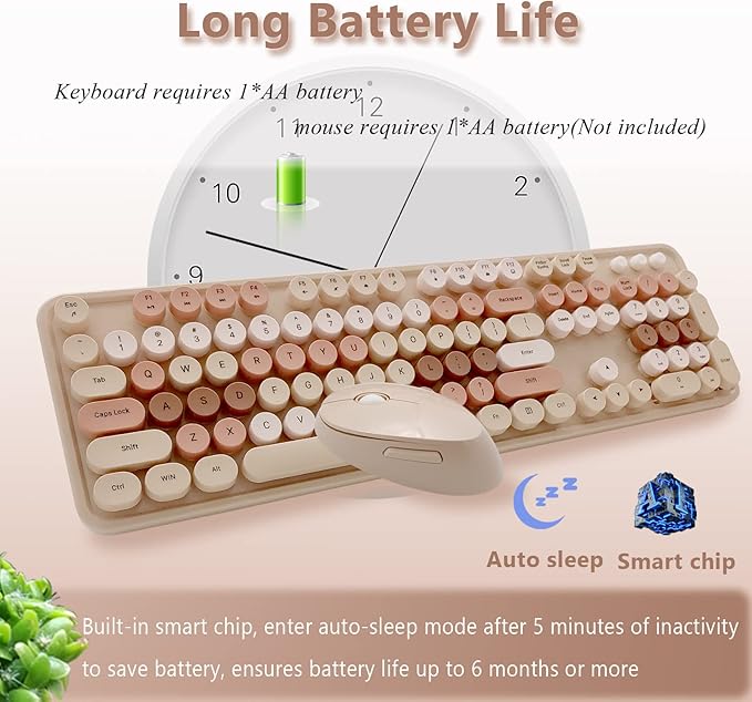 Wireless Keyboard and Mouse Combo, Ergonomic Cute Retro Typewriter Full Size Colorful USB Cordless Keyboard Mouse Set for Gaming and Office (Milk Tea)