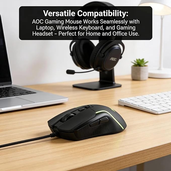 AOC GM170 Wired Gaming Mouse, Black Ergonomic Gamer Corded Mouse USB Computer Mouse Wired with 7 Buttons, Adjustable 7200DPI Optical Game Mice RGB Lighting for PC Laptop Desktop