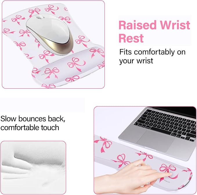 MOSISO Wrist Rest Support for Mouse Pad&Keyboard Set, Pink Bows Ergonomic Mousepad&Coaster Non-Slip Base Home/Office Pain Relief&Easy Typing Cushion with Neoprene Cloth&Raised Memory Foam, White