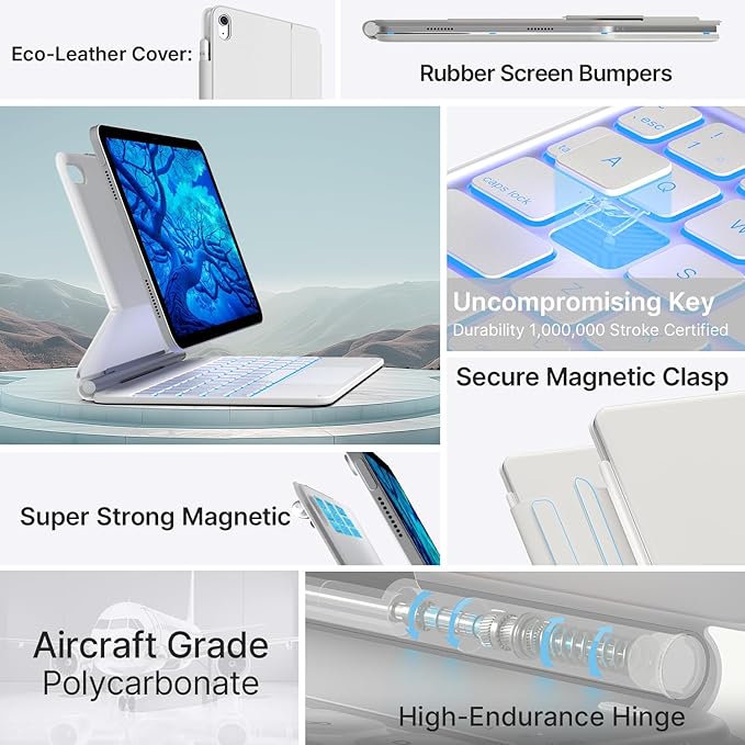 typecase Edge Keyboard Case for iPad 11th Gen A16 (2025) & 10th Gen 10.9" (2022) – Multi-Touch Trackpad, 11-Color Backlit Magic-Style Keyboard – Floating Magnetic Stand, Pencil Holder – Ivory White
