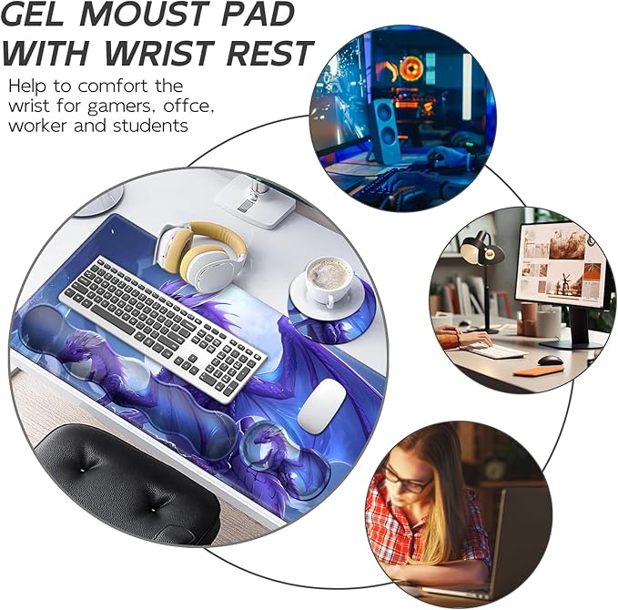 Gaming Mouse Pad Set, Majestic Purple Dragon Large Desk Mat Mousepad, Keyboard Wrist Support, Mouse Wrist Rest, Coaster 4in1 Ergonomic Memory Foam, Non-Slip Stitched Edge for Home Office