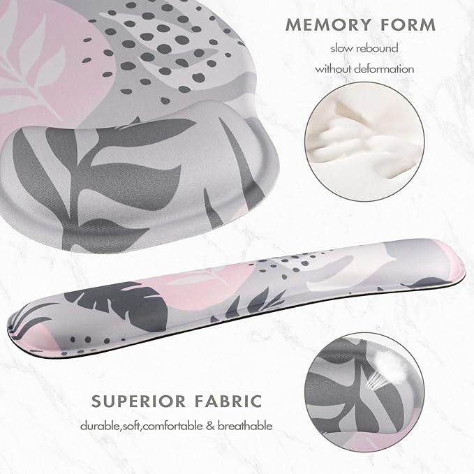 Keyboard Wrist Rest, Ergonomic Mouse Pad Wrist Support, Memory Foam Wrist Rest, Anti-Slip Base, Mousepad with Coaster for Computer Keyboard Office Home, Tropical Leaves