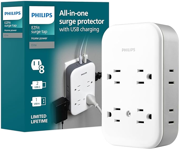 Philips All-in-One Surge Tap with USB, 4 Grounded & 4 Polarized Outlets, 2 USB-C & 1 USB-A Ports, 15W Shared, 1140 Joules, ETL Certified, White/Gray, SPP3453GW/37