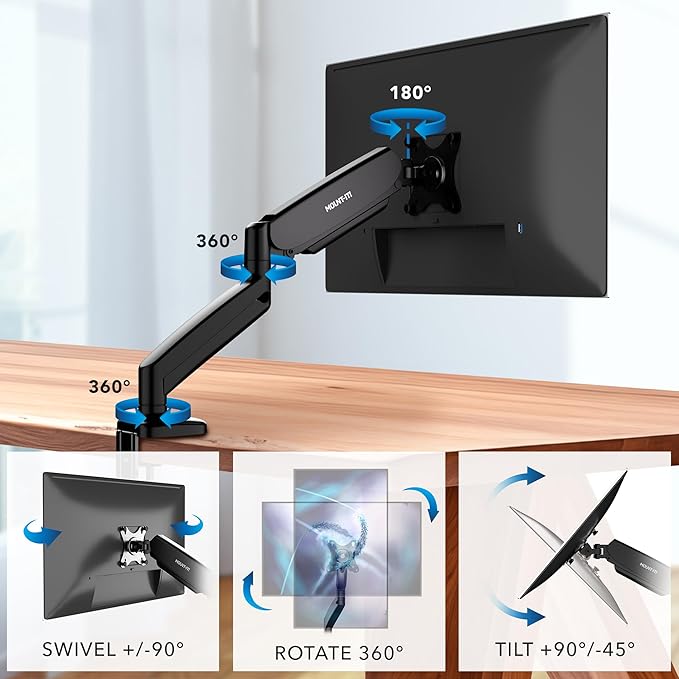 Mount-It! Single Monitor Arm Desk Mount, Gas Spring Monitor Mount, Fits 13–32" Screens up to 17.6 lbs, VESA 75x75 & 100x100, Full Motion Tilt Swivel Rotate, C-Clamp & Grommet Base