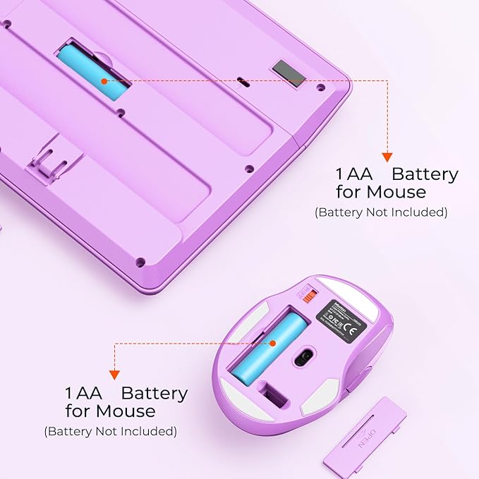 MEETION Wireless Keyboard and Mouse, Full-Sized Cordless Keyboard with Wrist Rest and 3 DPI Adjustable Mouse, 2.4G Wireless, Purple, for PC/Computer/Laptop/Windows/Mac