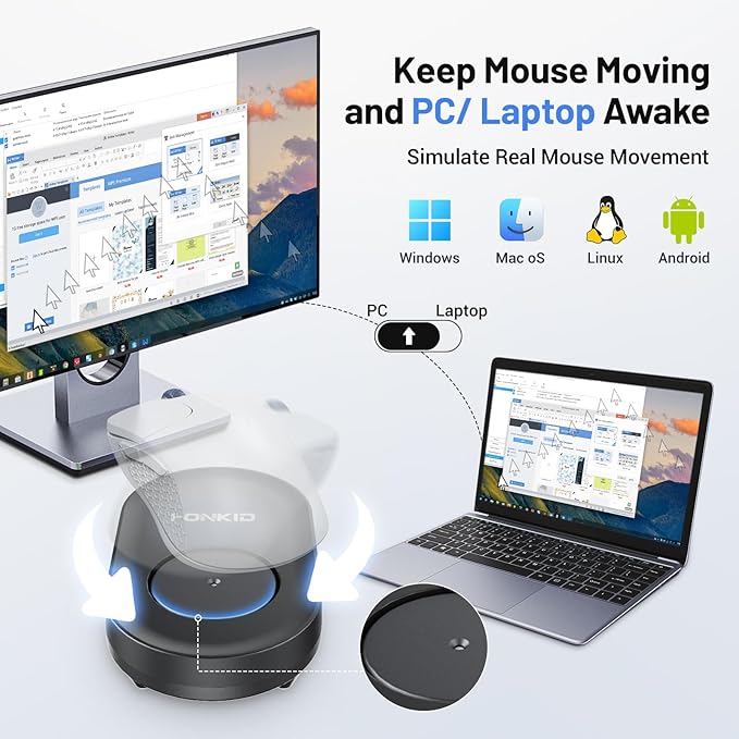 HONKID Undetectable Mouse Mover Jiggler with ON/Off Switch and USB Port Drive-Free,Simulate Physical Automatically Mouse Movement,Prevent Computer Laptop Inactive/Lockdown (Black)