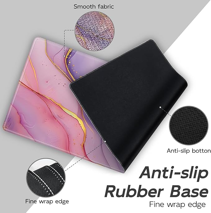 Gaming Mouse Pad Set, Pink Gold Marble Large Desk Mat Mousepad, Keyboard Wrist Support, Mouse Wrist Rest, Coaster 4in1 Ergonomic Memory Foam, Non-Slip Stitched Edge for Home Office