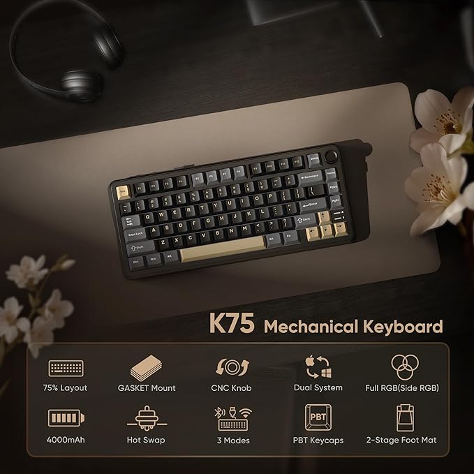 RedThunder K75 Wireless Mechanical Keyboard, CNC Knob, Tri-Mode BT5.0/2.4GHz/USB-C Hot Swappable Custom, Pre-lubed Linear Coconut Switches, Gasket Structure, RGB Gaming Keyboard, Black-Gold